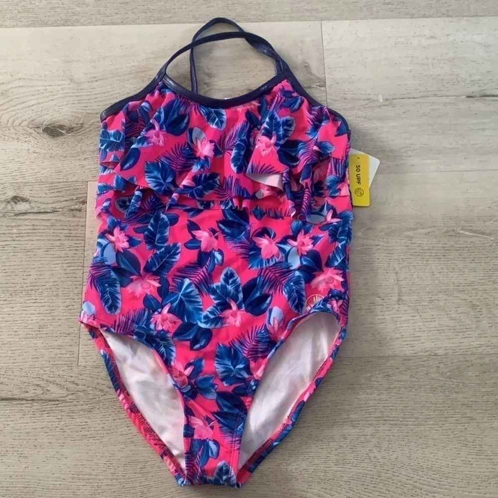 Body Glove Girls Pink Blue Tropical Floral Ruffle One Piece Swimsuit Size 12 NWT